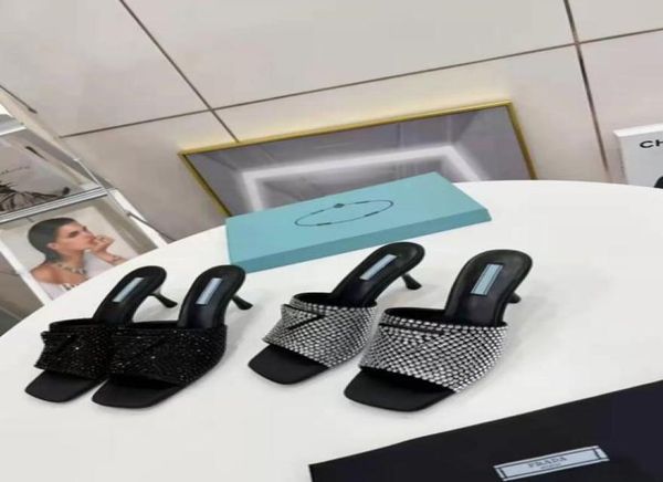 

spring 2022 new crystal diamond slippers iconic triangular logo square head highheeled women shoes size 3542 with box and dust b8346060, Black