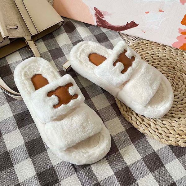 

womens classics designer fuzzy slipper lady fashion comfortable fluffy pantoufle fur slide shoes furry embroidery wool slippers, Black