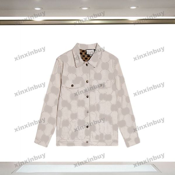 

xinxinbuy men designer coat denim jacket double sided letter jacquard long sleeves women gray black khaki apricot m-2xl, Black;brown