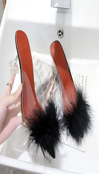 

summer woman pumps pvc transparent feather perspex crystal high heels fur peep toe mules slippers ladies slides shoes4605809, Black