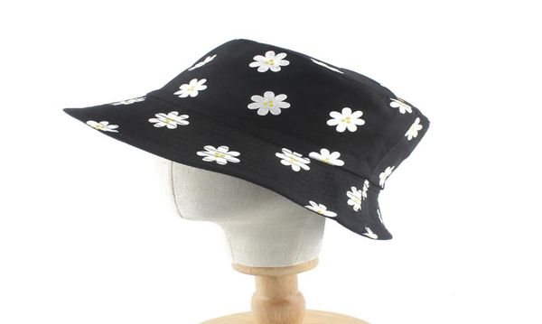 

summer daisies print white black bucket hat women fashion beach sun hat reversible bob chapeau femme floral panama fisherman7367286, Blue;gray