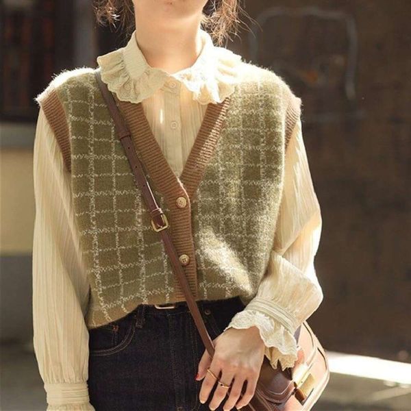 

french retro plaid knitted cardigan vest spring womens and autumn sleeveless jacket sweater, Black;white
