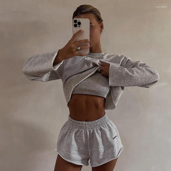 

women's tracksuits letter print sporty 3 piece set loung wear long sleeve sweatshirt crop sling vest shorts fiess workout outfits191, Gray