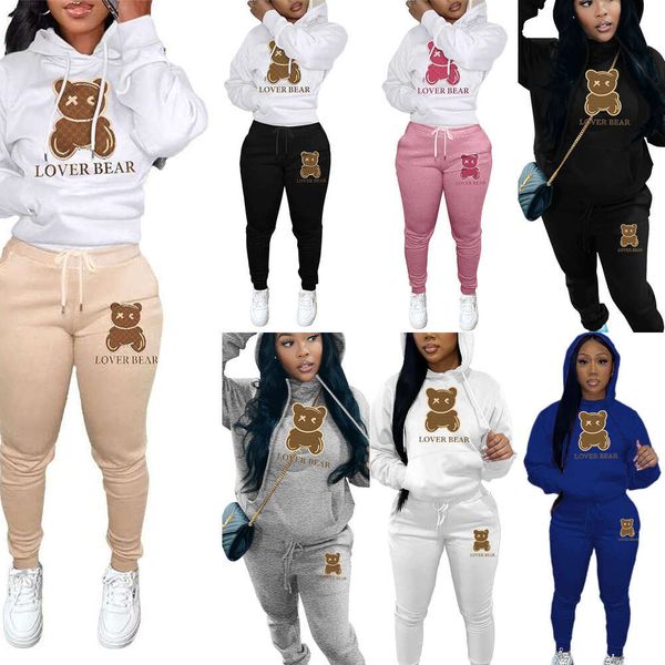 

designer tracksuit women 2 piece set 2023 new thickened hooded bear pattern sweatsuit trousers casual sports jogging suits, Gray