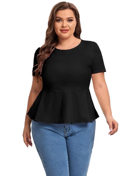 

women's plus size tshirt short sleeve elegant summer peplum keyhole back casual ruffle tshirt tee clothing women 6xl 7xl 230905, Black