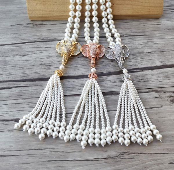 

elephant head charm pendant cz zircon micro pave connectornatural shell pearl beads chain tassels women jewelry necklace nk5364314560, Silver