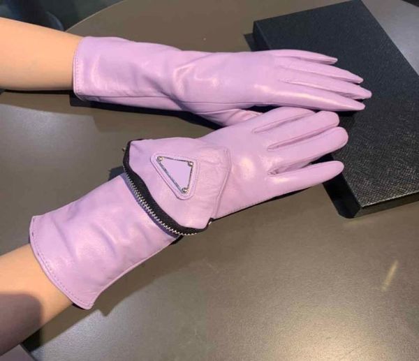 

new triangle bags leather sheepskin gloves cashmere lining mittens outdoor women winter warm gloves with box4688920, Blue;gray
