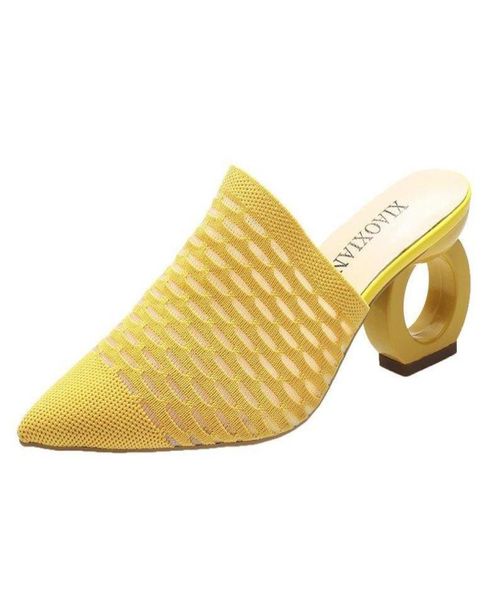 

fretwork heels pointed toe slippers women shoes stretch fabric air mesh mules flip flop slip on slides plus size 436491990, Black