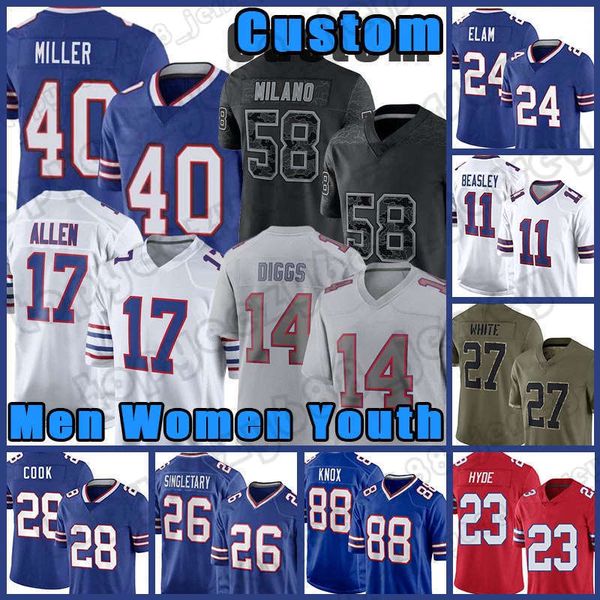 

josh allen football dawson knox jerseys 14 stefon diggs matt milano billes von miller tre'davious white buffalos dalton kincaid micah h, Black;red