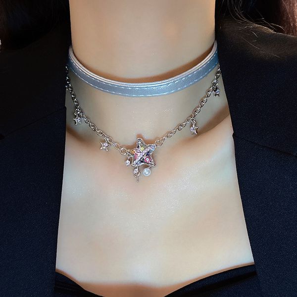 

fashionable and personalized pentagonal star necklace earrings, fashionable and niche leather, exaggerated and high-end necklaces for women, Silver
