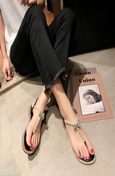 

simple style 2021 sandals toe women039s shoes gentle rhinestones pregnant women pearl flat woman9060648, Black