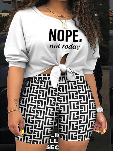 

women's plus size tracksuits nope not today geo print tied detail crop shorts set 230905, Black