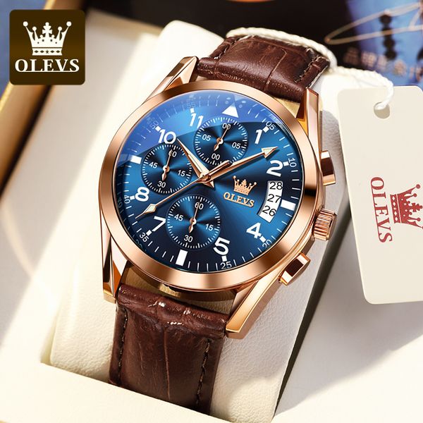 

wristwatches olevs luxury brands mens watches multifunctional luminous waterproof leather strap quartz watch fashion business original 23090, Slivery;brown