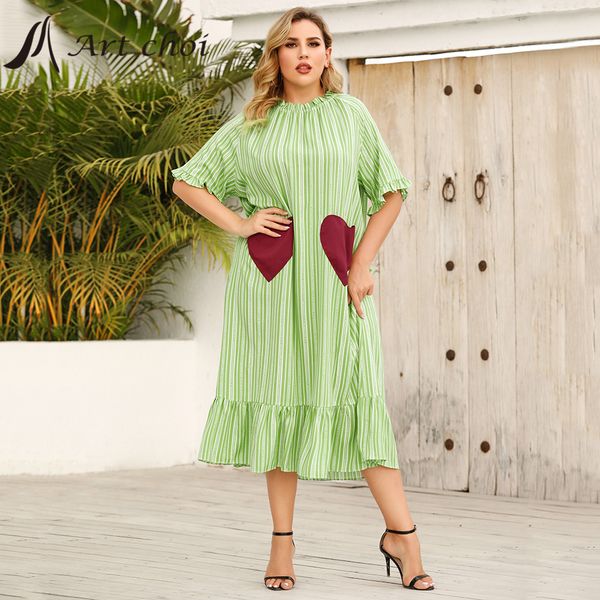 

plus size dresses summer women long heart striped ruffles dress party female boho beach sweet skirt short sleeve pocket ladies vestido size, Black