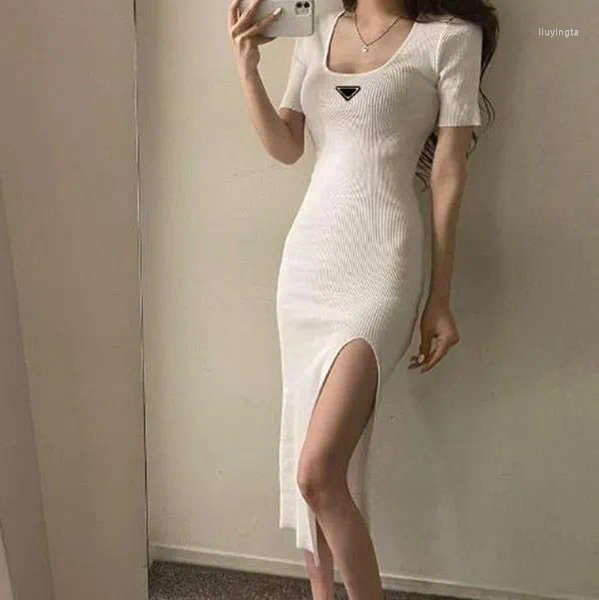 

designer casual dresses woman clothing short sleeve summer leisure womens dress slit skirt outwear slim style with budge designer lady a003, Black;gray