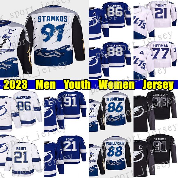 

#91 steven stamkos reverse retro hockey jersey #86 nikita kucherov andrei vasilevskiy brayden point victor hedman mikhail sergachev sheary a, Black;red