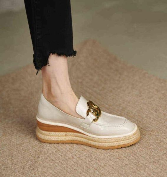 

thick soled muffin shoes women039s 2022 spring black straw slope heel lazy single shoe white one foot highheeled shoes2730985