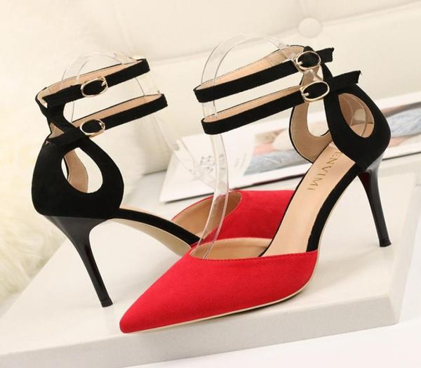 

double strap shoes for women micro suded girls high heels buckle strap pointed toe pumps euro style lady dress shoes zy26532045, Black