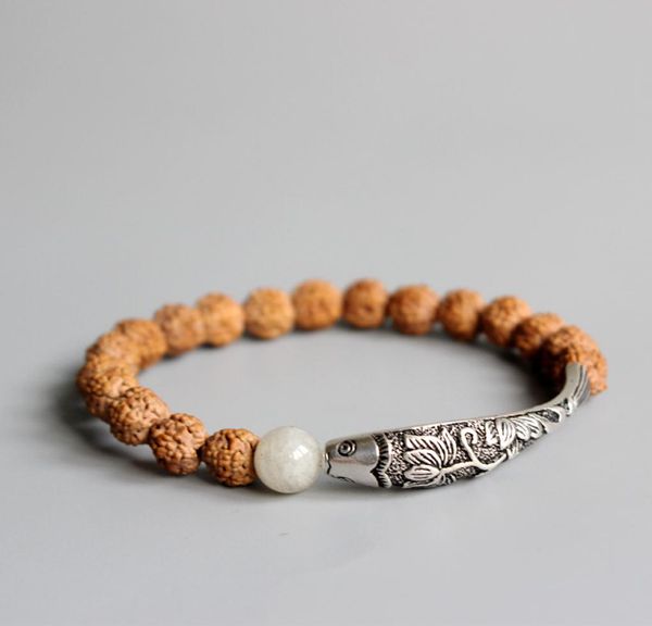 

new trend rudraksha seed beads traditional chinese 925silver lotusfish charm bracelet for women ethnic elegant yoga om jewelry9538415, Golden;silver