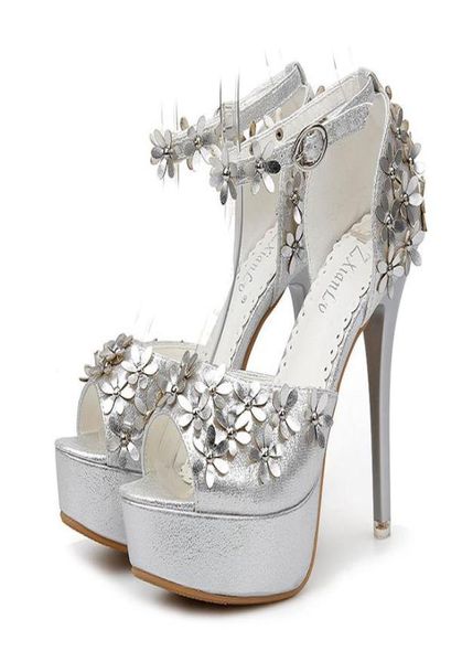 

elegant flower bride wedding shoes high heel ankle strap platform pumps gold silver size 34 to 398363398, Black