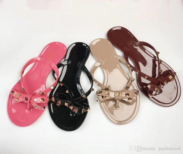 

big new fashion summer woman slippers rivets sandals bow knot flats girls studded cool beach slides jelly shoes8673621, Black
