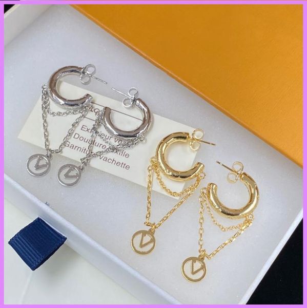 

classic women earrings with chain earring jewelry letters round ear studs designers gold silver accessories ear rings ladies nice 6413148, Golden;silver
