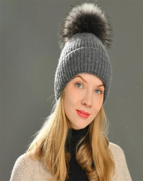 

beanieskull caps wide brim hats bucket hats winter hat cashmere knitted beanie big real fur pom beanie girls wome6906834, Blue;gray