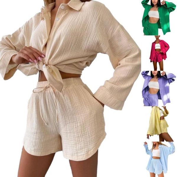 

women's tracksuits 2023 summer beach casual shirt shorts women cotton linen solid color suit two pieces sets long sleeve shirts and789, Gray