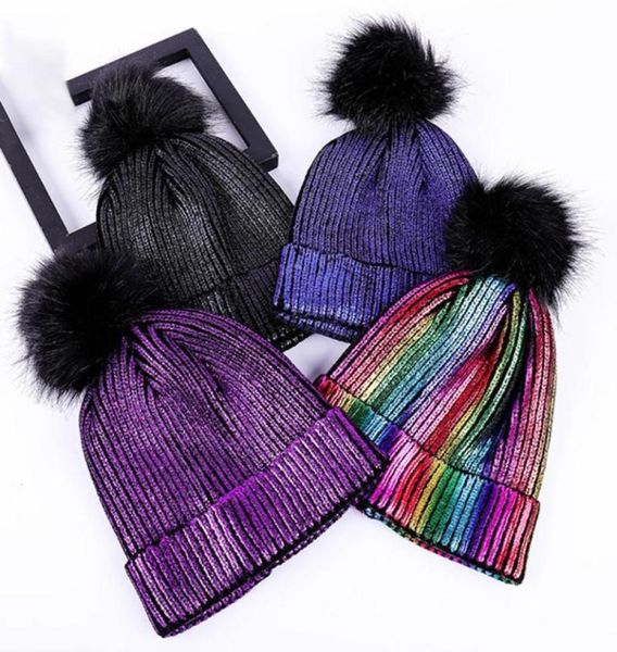 

metallic shiny soft hair ball women hats crochet windproof girl pompom solid autumn winter cute cap warm knitted beanie2574168, Blue;gray
