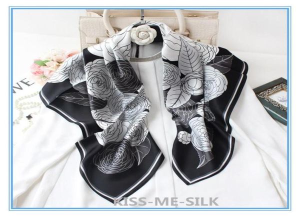 

kms classic camellia silk satin square scarf mulberrysilk scarf shawl for girl lady women 9090cm50g1062507, Blue;gray