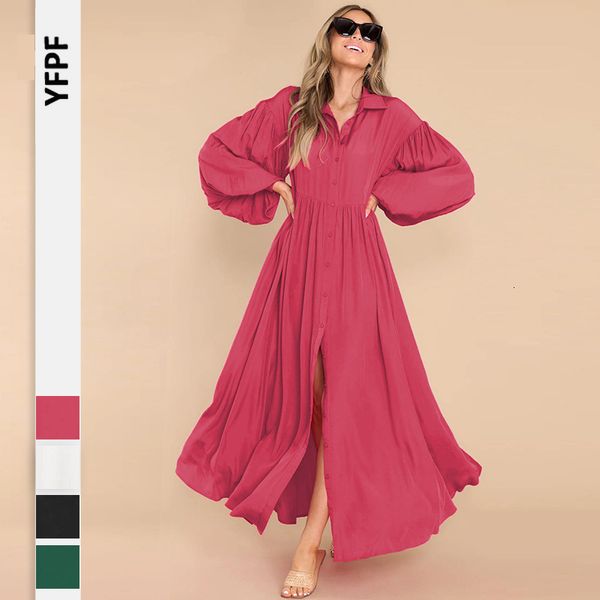 

basic casual dresses vintage puff sleeve women party maxi dress elegant striped office lady long dresses fashion turndown collar button shir, Black;gray