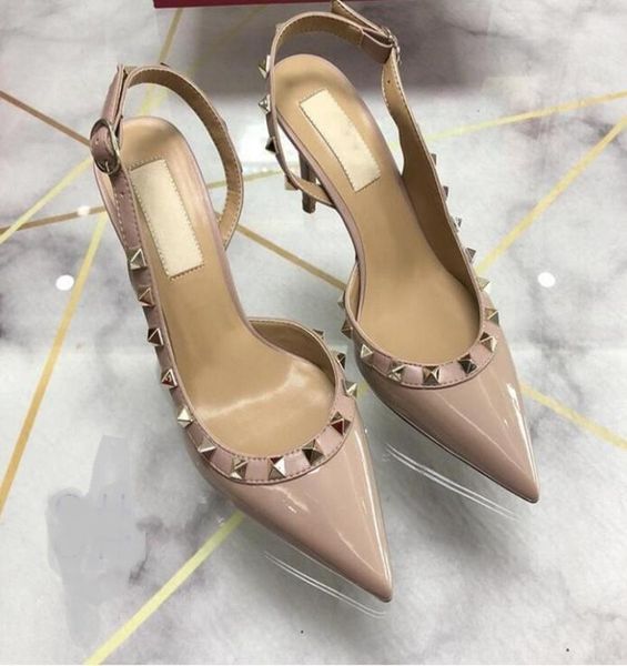 

women high heels sandals wedding shoes patent leather rivets sandals women studded strappy dress shoes v high heel shoes logo box9538946, Black