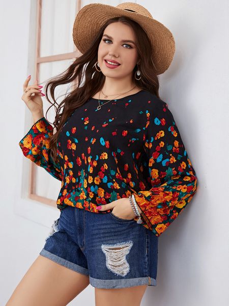 

women's plus size tshirt tee shirt woman fashion summer long sleeve floral print casual blouse loose oversized ladies tunic 230905, Black
