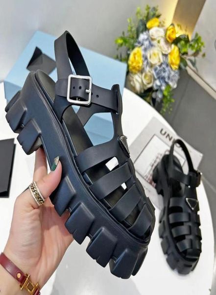

designer womens rubber sandals upper with metal buckle black new iconic monolith sole slippers6928502