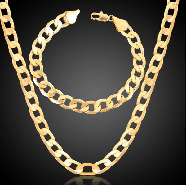

men/women hip hop punk 18k real gold plated 7/10/12mm 1+1 fashion figaro chain bracelets necklaces jewelry sets costume jewelry, Silver