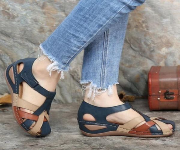 

women sandals 2021 summer soft sole closed toe wedges shoes hollow out non slip pu leather ladies shoes mixed color female shoes2624411, Black