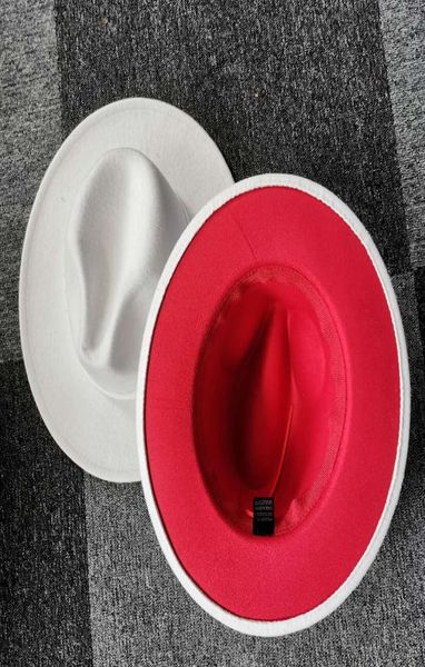 

2020trend outer white inner red patchwork women artificial wool felt jazz fedora hats ladies flat brim panama trilby party hat 60 4851449, Blue;gray