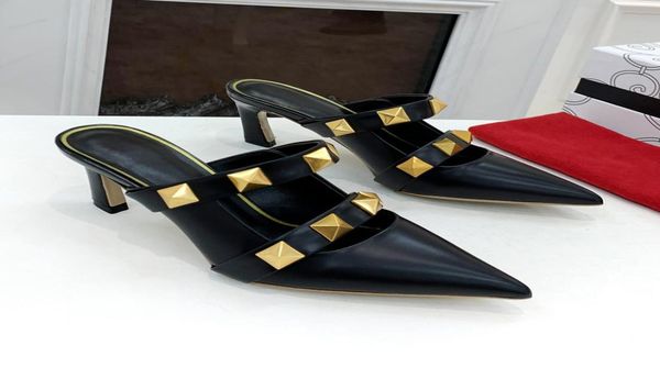 

summer luxury designer womens high heels slippers fashion oversized golden rivets ladies leather slides flip flops sandals we8963993, Black
