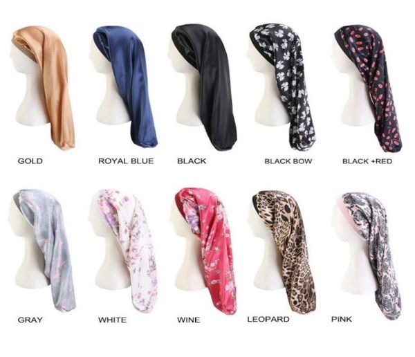 

10pcslot women elastic night cap wide edge silk fabric long hair sleeping hats wrap nightcap hair care bonnet turban one size1361227, Blue;gray