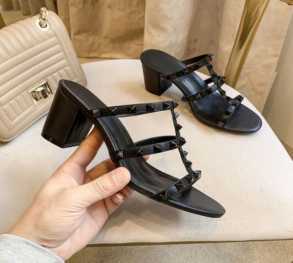 

designer women slippers rivets shoes 2023 summer high heel sandals genuine leather peep toe thick heels 65cm red wedding shoes 359894151, Black