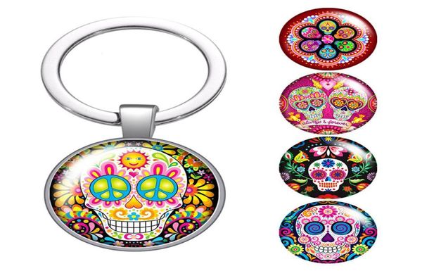 

flowers rose skull day of the dead glass cabochon keychain bag car key rings holder silver plated key chains men women gifts5704862