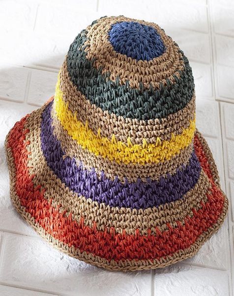 

color striped handwoven straw hat female summer sunshade vacation beach sun wide brim hats8873514, Blue;gray