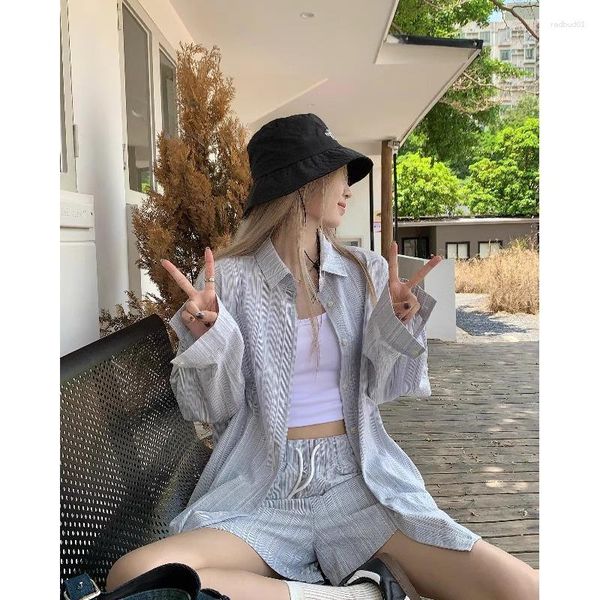 

women's tracksuits sweet girl striped suit summer long-sleeved shirt high waist wide leg shorts two-piece set fashion female clothes649, Gray