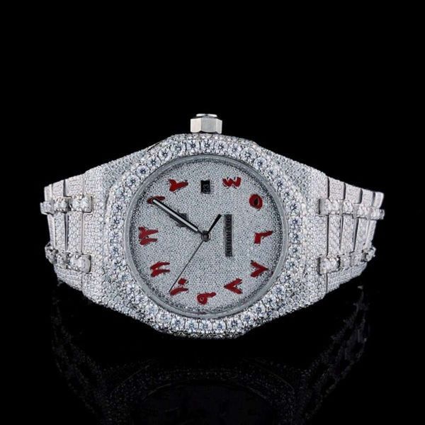 

moissanite arabic red dial cuban watch ap 104 with vvs moissanite iced out bused down hip hop watch personalized luxury watch, Silver