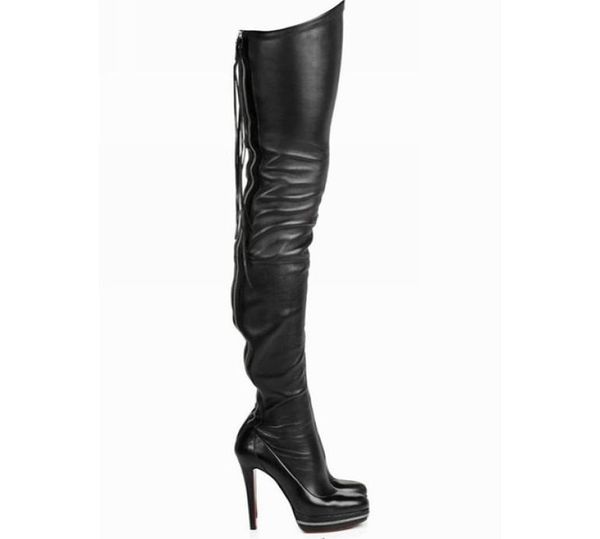 

cowhide luxury style black stretch skinny highheeled women039s boots round head overtheknee boots rear zip waterproof table 7469762