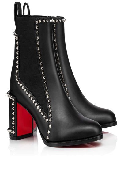 

luxury fashion women ankle boots high heels out line spike 70 mm pointed toes leather pumps good quality chunky heel short booties box eu 35, Black