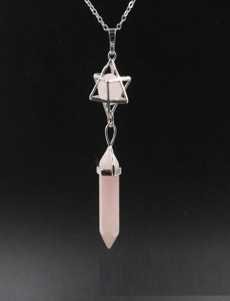 

new merkaba hexagon prism stones turquoise pink quartz charms pendant necklace for women men gift accessories7532551, Silver