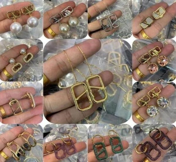 

mixed simple 18k gold plated earrings dangle luxury v letters ear studs brand geometric famous women crystal rhinestone pearl wedd1322324, Silver