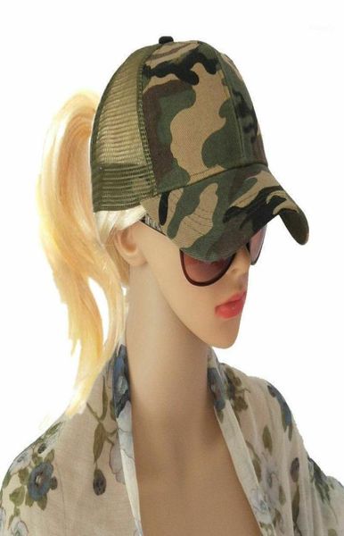 

women baseball cap messy bun ponycap snapback summer mesh camo casual sun hat green12241614, Blue;gray