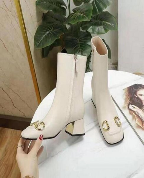 

white black womens fashion boots genuine leather square toe gold metal thick heel women work booties shoes5529481